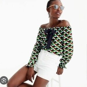 J. Crew Green & Navy Blue Geometric Print Off the Shoulder Tie Neck Top Medium